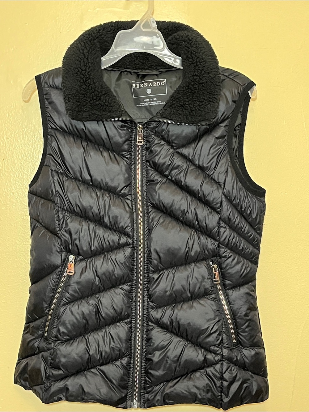 Bernardo Black Quilted Puffer Vest with Sherpa Collar Trim